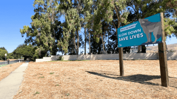 A sign reads "Slow Down Save Lives" with an illustrated Coyote that says "This is my home!"