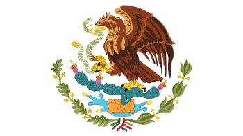 A graphic of Mexico's coat of arms featuring a golden eagle, rattlesnake and nopal.