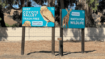 Two turquoise signs stand tall, one with an owl that says "Keep Coyote Valley Trash-Free" and the other with a deer that reads "Watch for Wildlife"