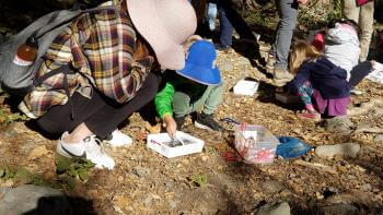 An adult and two children wearing hats squat on the ground and crouch over white square containers filled with water, looking in