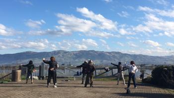A group of seven people with their backs to the camera stand in a tai chi pose with their right arms behind their backs and left arm outstretched, on a concrete deck overlooking a body of water and mountains in the distance