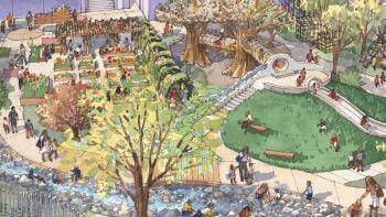 An aerial view illustration looking down at a nature-themed outdoor play area with grass lawns, trees, play structures, and garden beds, next to a light purple building