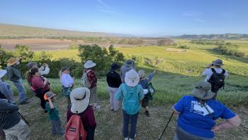 A group of people stand at the top of a hill overlooking a green valley bathed in late-afternoon light, under a clear blue sky