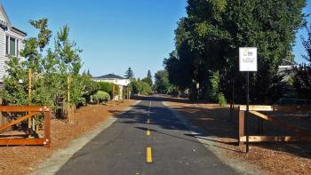 An asphalt walking trail stretching straight away from the camera, bordered by low split-rail fences and bark chip landscaping and trees