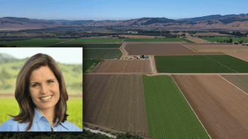 Headshot of Julie Morris over an aerial image of Santa Clara Valley agriculture