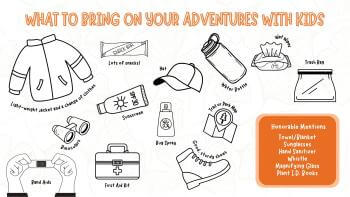 Infographic with an orange title "WHAT TO BRING ON YOUR ADVENTURES WITH KIDS" and black-outlined clipart of the items: Light-weight jacket and a change of clothes, Lots of snacks, Sunscreen, Binoculars, Band aids, First Aid Kit, Bug Spray, Good sturdy shoes, Hat, Water bottle, trail or park map, wet wipes, and trash bag