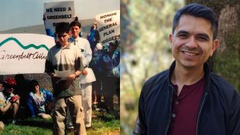 A side by side image of a teenager speaking at an environmental rally on the left, and the same person as an adult smiling at the camera on the right