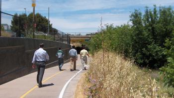 A person in business clothes walks slightly behind 4 other people in business clothes away from the camera down a paved walking trail with painted white and yellow divider lines, framed with grass and vegetation on the right side and a concrete wall on the left side