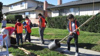 Students help dig a hole and plant a tree in a neighborhood