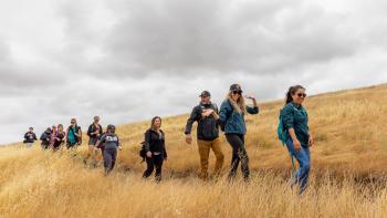 A line of 12 smiling hikers walk in single file on a trail across a hill covered in golden grass towards the camera