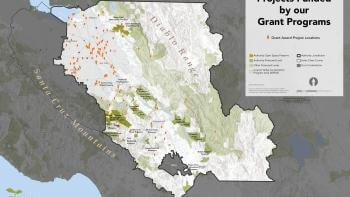 Map of Santa Clara County with a title in black text that says "Projects funded by our Grant Programs"