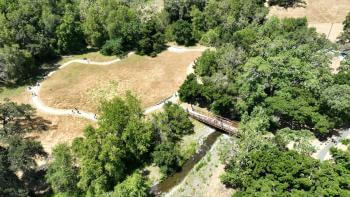An aerial view of a small loop trail surrounding a tan-colored meadow circled by green trees. To the right of the trail is a small creek with a pedestrian bridge that connects to the trail
