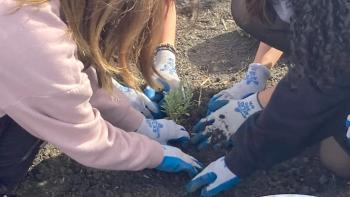 Close shot of four children planting greenery with gloves on.