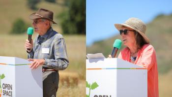 Two images of people wearing hats and sunglasses speaking into a green and black microphone behind a white podium at an outdoor event