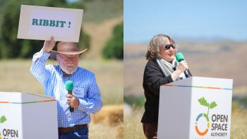 Two images of people speaking into a green and black microphone behind a white podium at an outdoor event; the person on the left holds up a white sign with the green words "RIBBIT!"