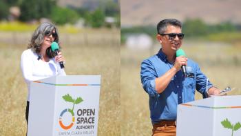 Two images of people wearing sunglasses speaking into a green and black microphone behind a white podium at an outdoor event