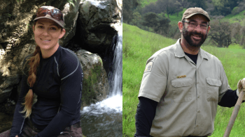 Split image collage. Woman smiling in front of a waterfall on the left image and a man standing in a grassy field and smiling in the right image