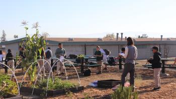 Children and staff gathered around in the community garden