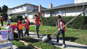 People in orange vests carrying trees on the sidewalk
