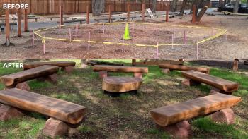 Before and after collage of the outdoor classroom. Before is on the top and shows an area marked off with stakes with a neon yellow cone in the center. After is below and shows 5 wooden benches on the grass.