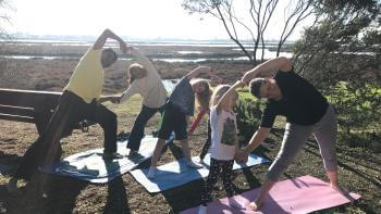 Families doing yoga on mats outdoors