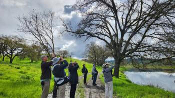 Group of people with binoculars looking into the distance outside