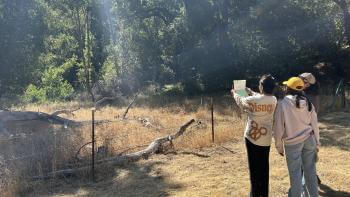 Three people stand on dry grass near a wire fence, looking at a drawing that one is holding up, with trees and sunlight filtering through in the background.