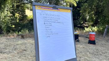 A gray, stand-up flip chart with white paper is situated outdoors. The paper is covered with handwritten notes. The background shows a grassy field with patches of dry, light-brown-yellow weeds or wild grasses and some trees.