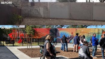 Photo on top: an abandoned dirt area bordered by a concrete noise barrier wall with white text that reads "BEFORE"; Photo below: A group of people standing in the same area transformed into a colorful mural bordering a small play structure with landscaped area  