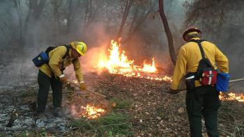 First responders at a preserve extinguish a fire between trees