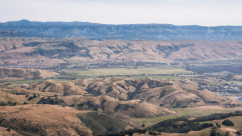 Aerial view of Coyote Valley with ridges, hills, open land and agriculture