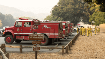 Fire trucks line a parking lot while fire fighters prepare themselves in a golden grass field