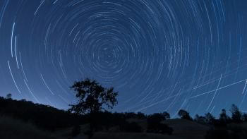 Stars in the dark blue night sky with tree and mountain shadows 