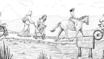 A drawing of people enjoying a recreation trail via wheelchair, stroller, horseback and bike.