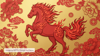 A red animated horse with flames coming off of its body gallops with its two front legs off of the ground. The background showcases a red and gold floral design.