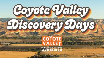 Landscape photo of golden valley with the words "Coyote Valley Discovery Days" and butterflies and orange poppies
