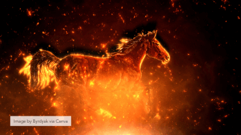 A graphic of a animated horse made of fire galloping while embers fly through the sky.