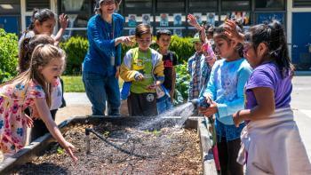 A group of children stand around a garden bed caring for plants.