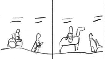 A sketch shows Robert Liu-Trujillo's initial sketch of people enjoying a nature trail via wheelchair, walking, biking and horseback riding