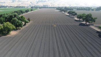 An angled aerial view looks down at row crops within an agricultural field surrounded by trees and rolling golden hills in the background.