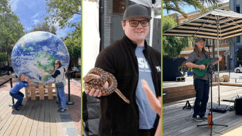 A collage of people enjoying an Earth Day event - two people pose with an inflatable globe, a person holds a gopher snake and a musician playing guitar sings into a microphone.
