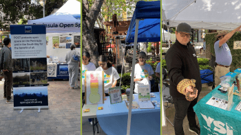 A collage of Earth Day activities including outreach booths from Peninsula Open Space Trust and Silicon Valley Youth Climate Action as well as a representative from Youth Science Institute holding a gopher snake.