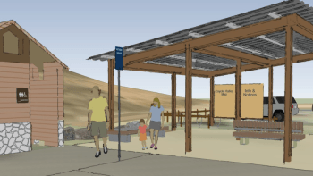 A rendering of the project shows a family walking by a new shade structure with a metal roof, seating and an informational kiosk.