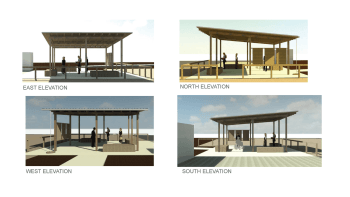 Renderings of the new shade structure show the structure from all directions to demonstrate its slightly tilted roof.