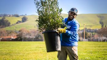 A smiling young adult in a blue shirt and gray hat holding up a large shrub in a plastic container in front of a green landscape