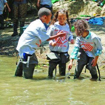 Three children wearing large grey "Boys & Girls Club" t-shirts and waders stand in a full creek holding small nets and looking at something the child on the left is holding up