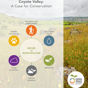 Report cover with the title "Coyote Valley: A Case for Conservation" over a circular graphic with 6 icons representing recreation, water, agriculture, climate resilience, flood protection, and wildlife