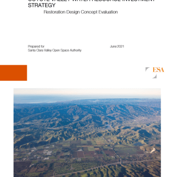 Report cover with black text on white background that says "Coyote Valley Water Resource Investment Strategy", underneath is an aerial photo of Coyote Valley