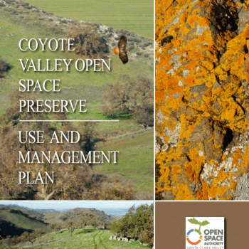 A report cover with white text that reads "Coyote Valley Open Space Preserve Use & Management Plan" over a collage with images of a hawk flying over green landscape, an orange lichen-covered rock, and a trail on a green hill