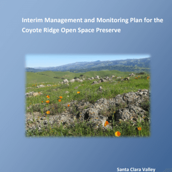 Blue report cover with white text that reads "Interim Management & Monitoring Plan for the Coyote Ridge Open Space Preserve" over a photo of orange poppies on a green field with rocks